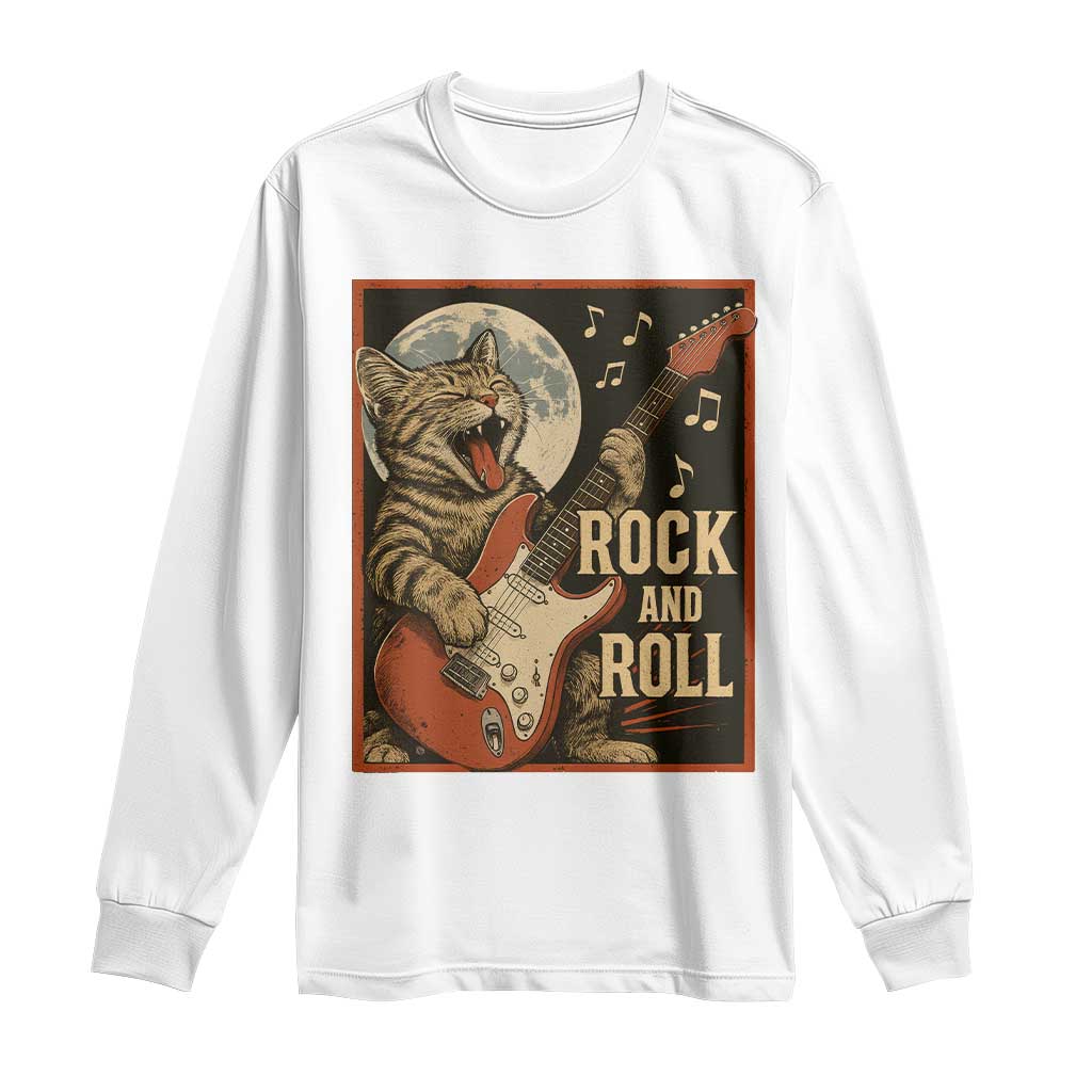 Funny Rock And Roll Long Sleeve Shirt Cat Playing Electric Guitar Music Lover TS12 White Print Your Wear