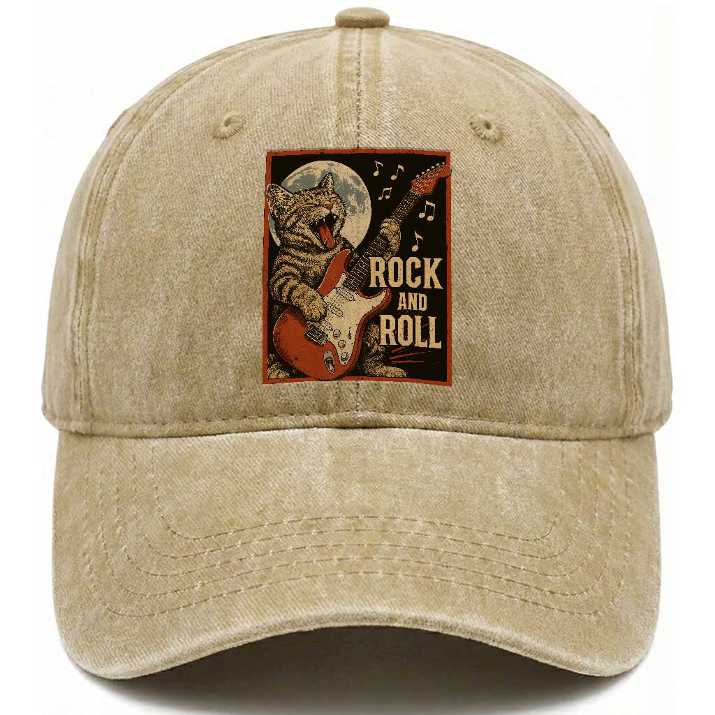 Funny Rock And Roll Washed Cotton Baseball Cap Cat Playing Electric Guitar Music Lover TS12 Print Your Wear