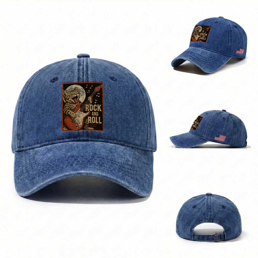 Funny Rock And Roll Washed Cotton Baseball Cap Cat Playing Electric Guitar Music Lover TS12 Washed Cap Universal Fit Royal Blue Print Your Wear