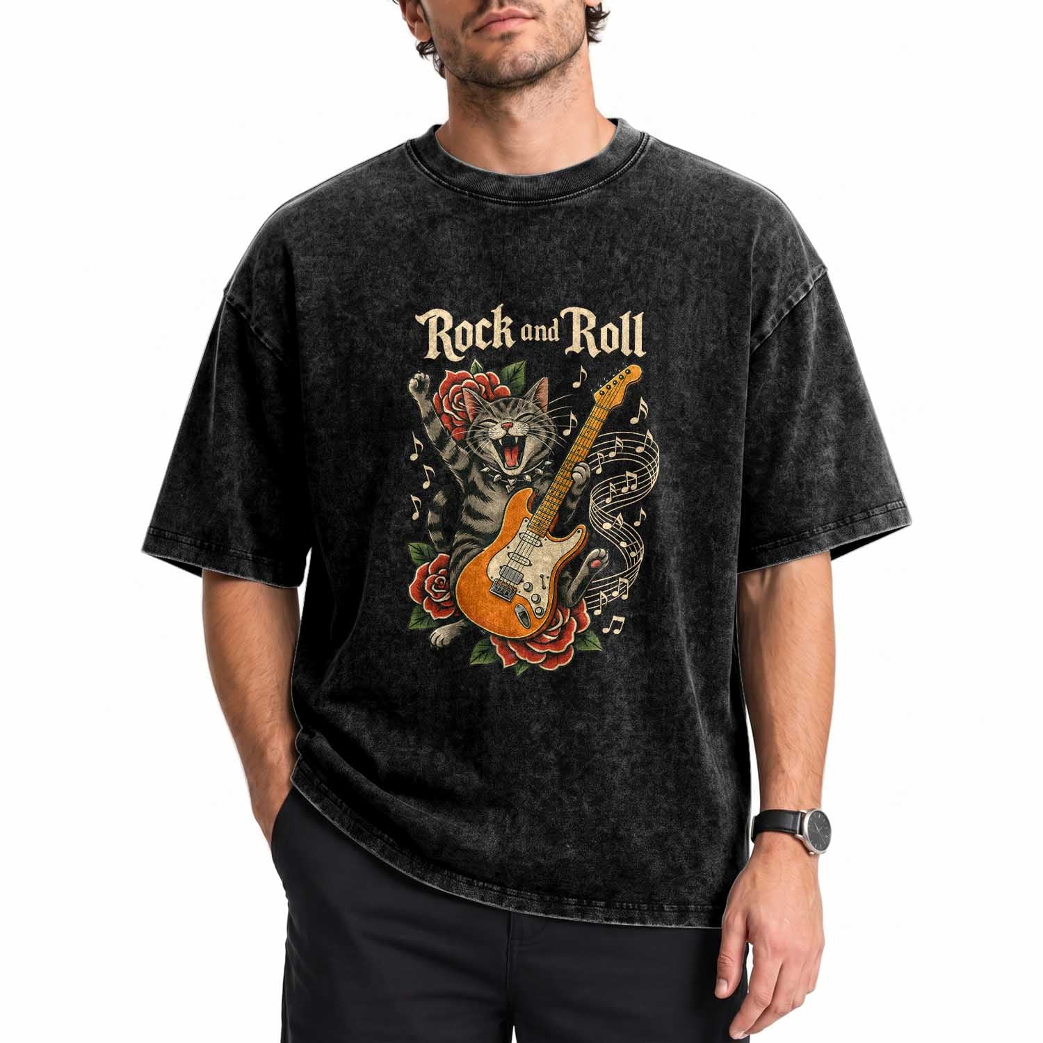 Funny Rock Star Cat Playing Electric Guitar Washed Cotton T-Shirt Music Lover