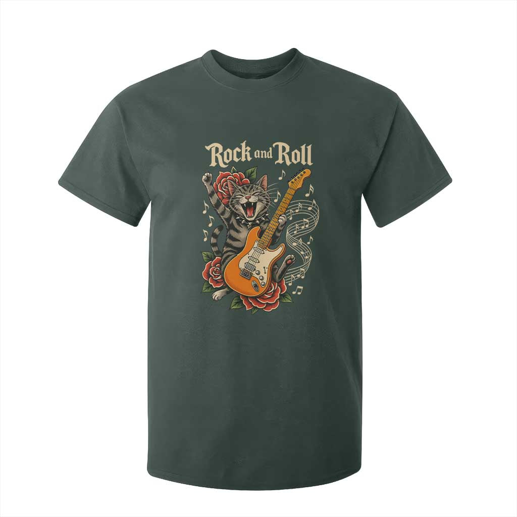Funny Rock Star Cat Playing Electric Guitar T Shirt For Kid Music Lover TS12 Dark Forest Green Print Your Wear