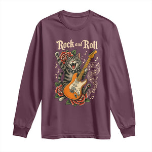 Funny Rock Star Cat Playing Electric Guitar Long Sleeve Shirt Music Lover TS12 Maroon Print Your Wear