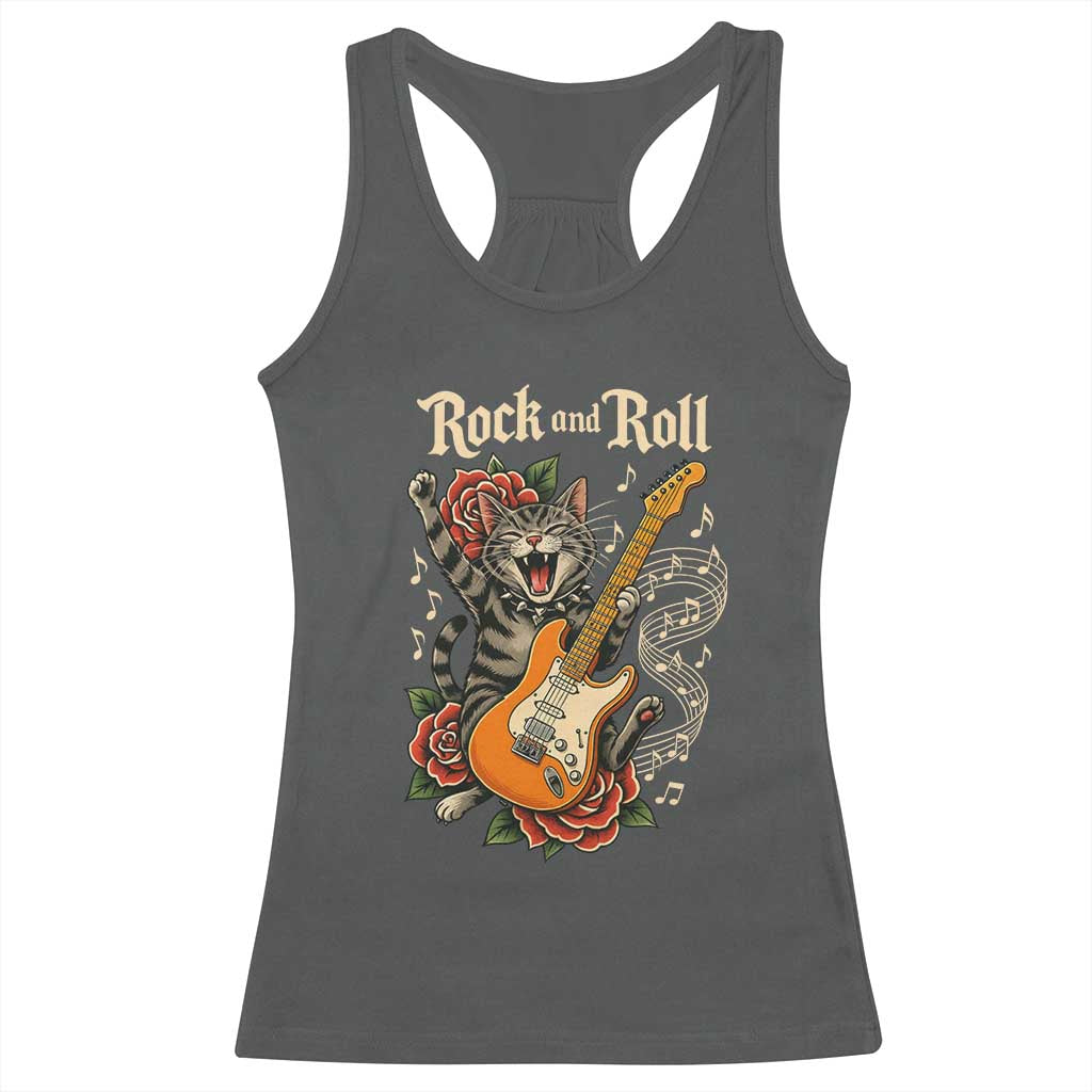 Funny Rock Star Cat Playing Electric Guitar Racerback Tank Top Music Lover TS12 Dark Heather Print Your Wear