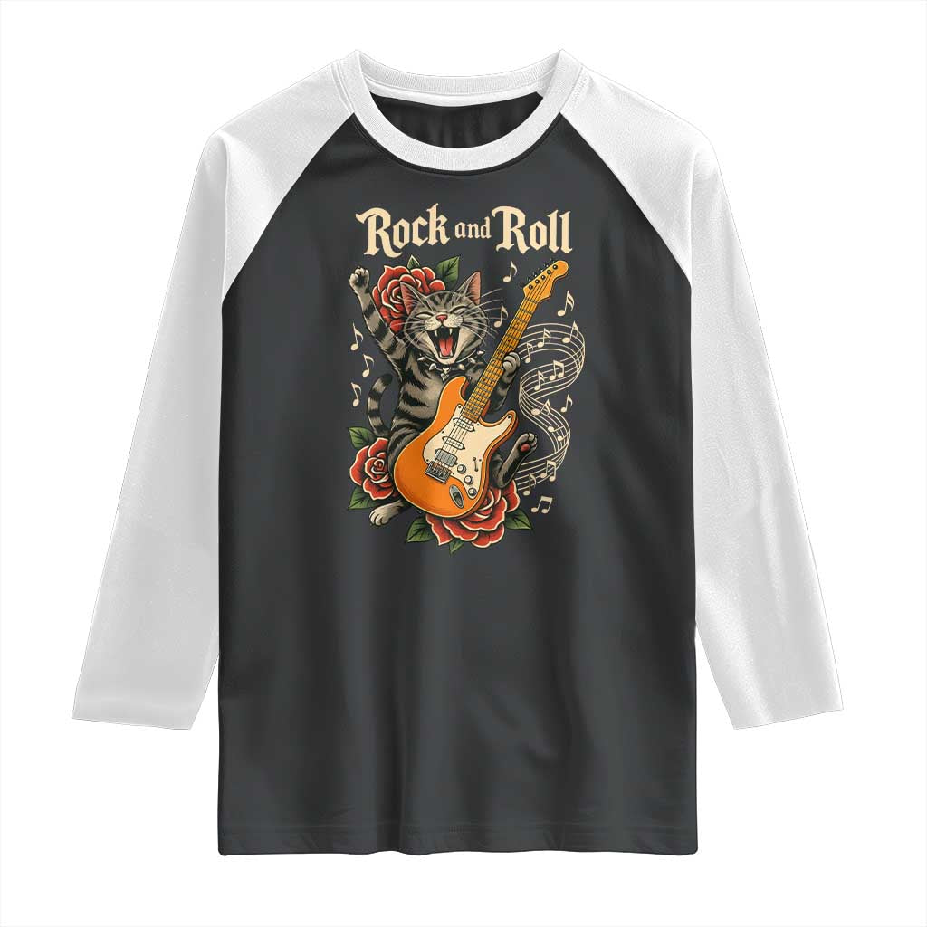 Funny Rock Star Cat Playing Electric Guitar Raglan Shirt Music Lover TS12 Black White Print Your Wear