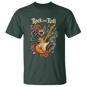 Funny Rock Star Cat Playing Electric Guitar T Shirt Music Lover TS12 Dark Forest Green Print Your Wear