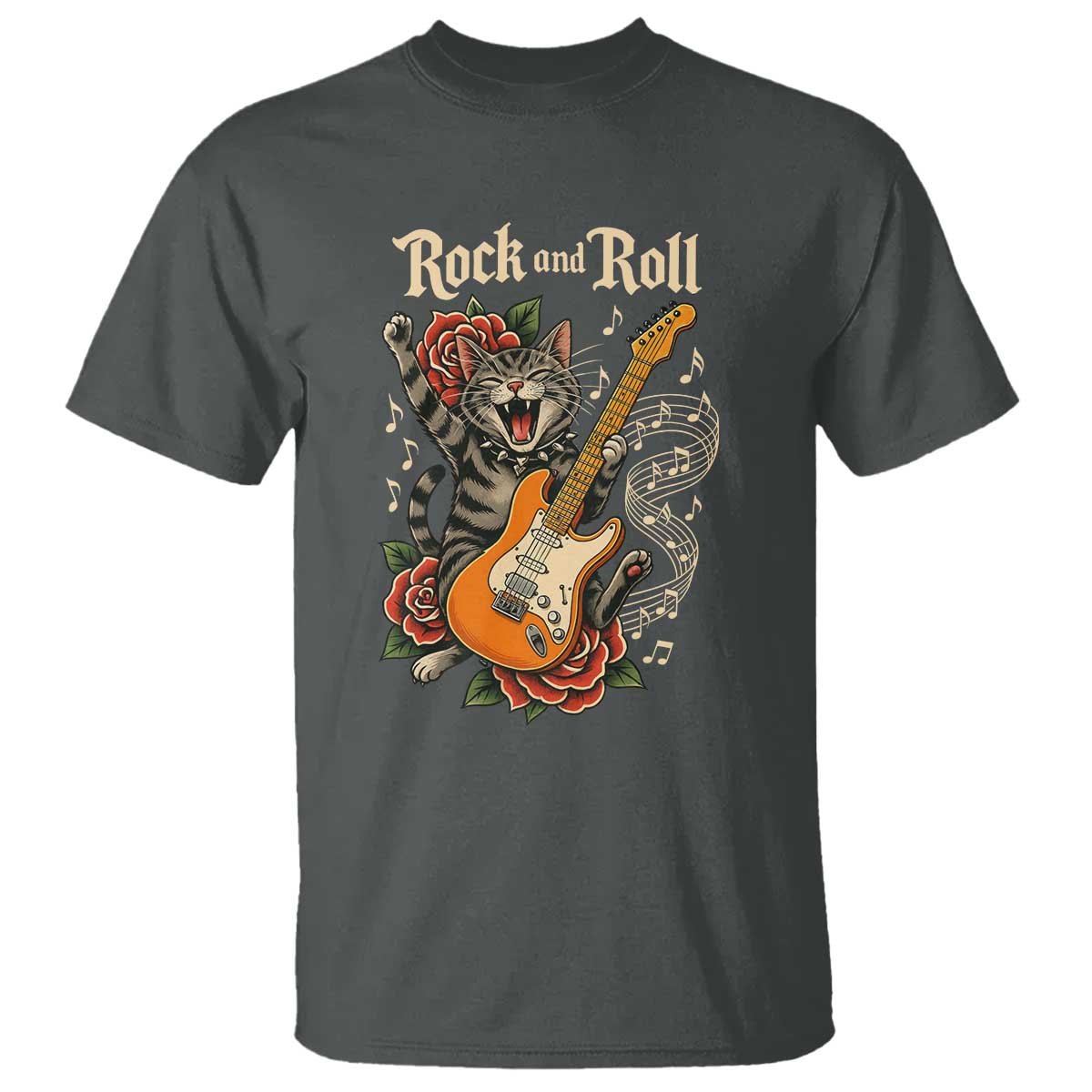Funny Rock Star Cat Playing Electric Guitar T Shirt Music Lover TS12 Dark Heather Print Your Wear