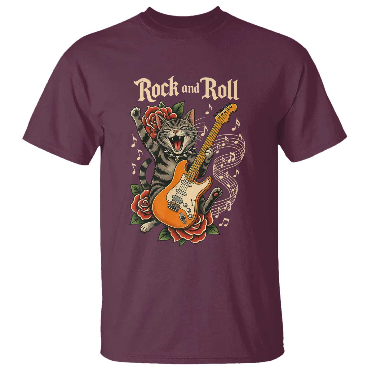 Funny Rock Star Cat Playing Electric Guitar T Shirt Music Lover TS12 Maroon Print Your Wear