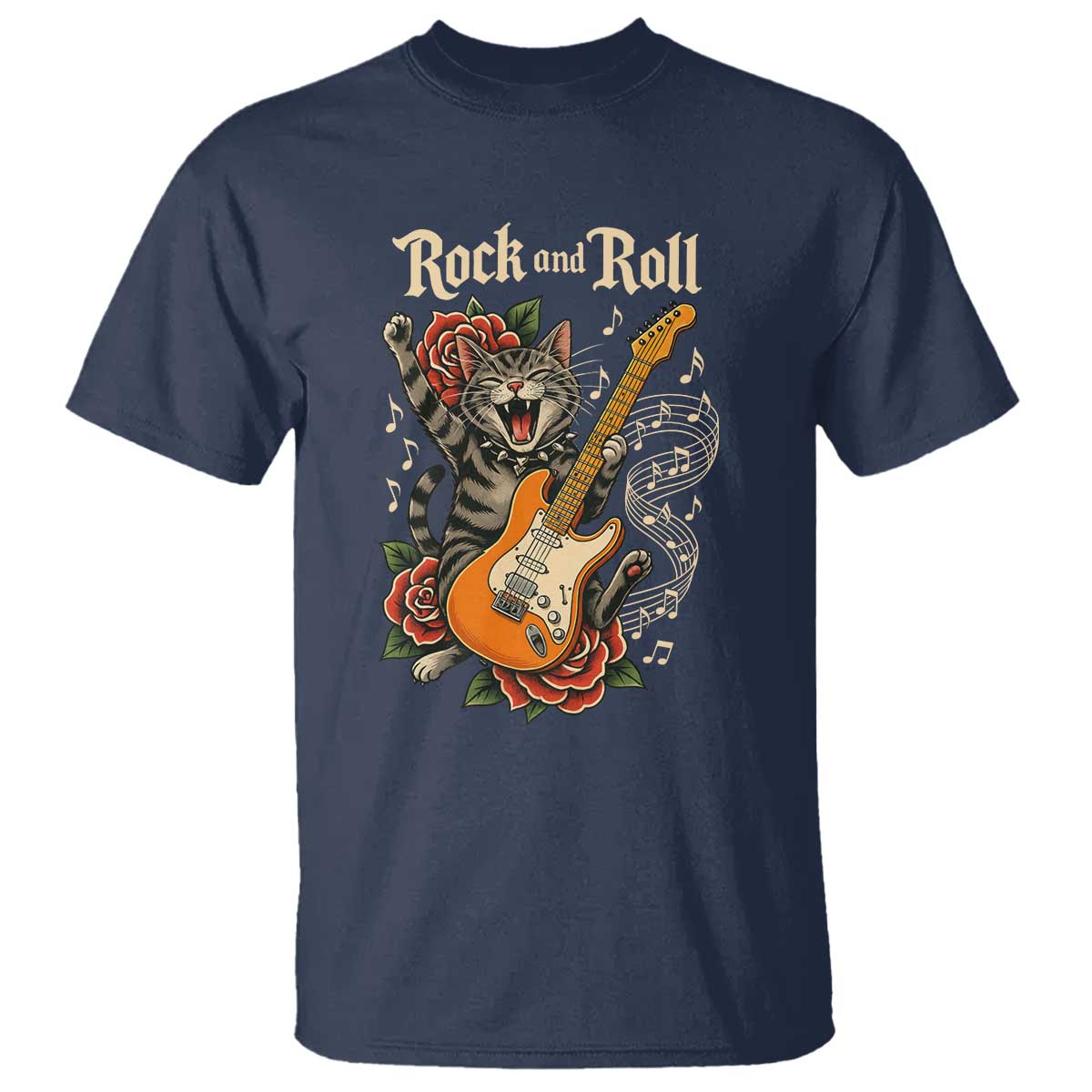 Funny Rock Star Cat Playing Electric Guitar T Shirt Music Lover TS12 Navy Print Your Wear