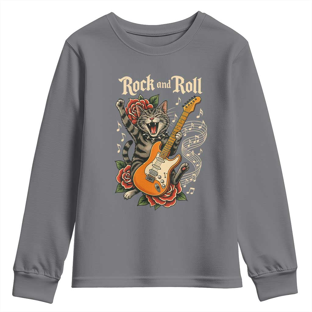 Funny Rock Star Cat Playing Electric Guitar Youth Sweatshirt Music Lover TS12 Charcoal Print Your Wear