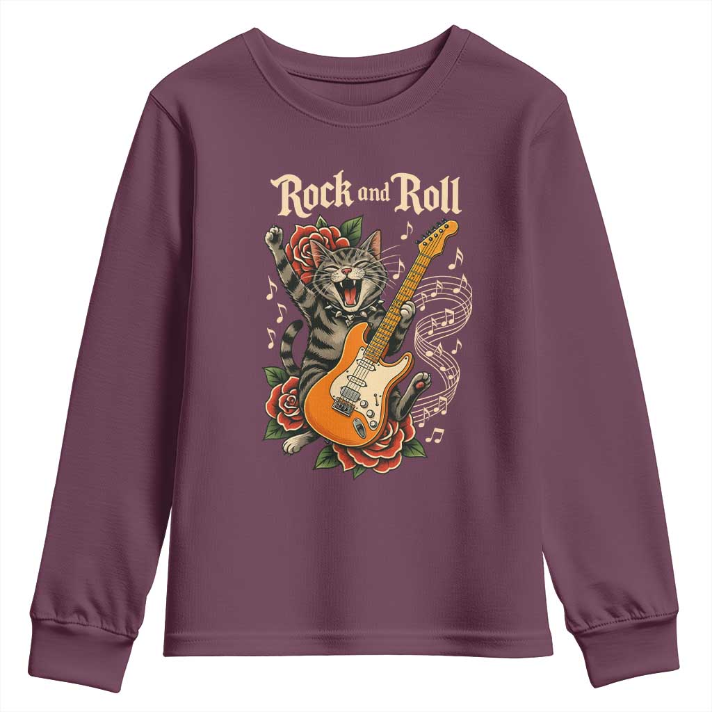 Funny Rock Star Cat Playing Electric Guitar Youth Sweatshirt Music Lover TS12 Maroon Print Your Wear
