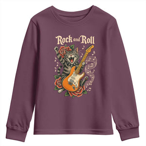 Funny Rock Star Cat Playing Electric Guitar Youth Sweatshirt Music Lover TS12 Maroon Print Your Wear