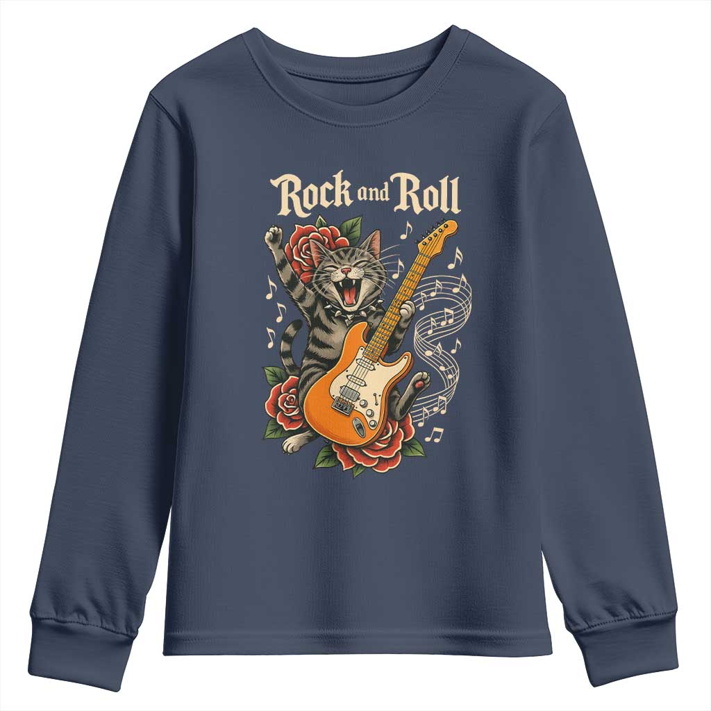 Funny Rock Star Cat Playing Electric Guitar Youth Sweatshirt Music Lover TS12 Navy Print Your Wear