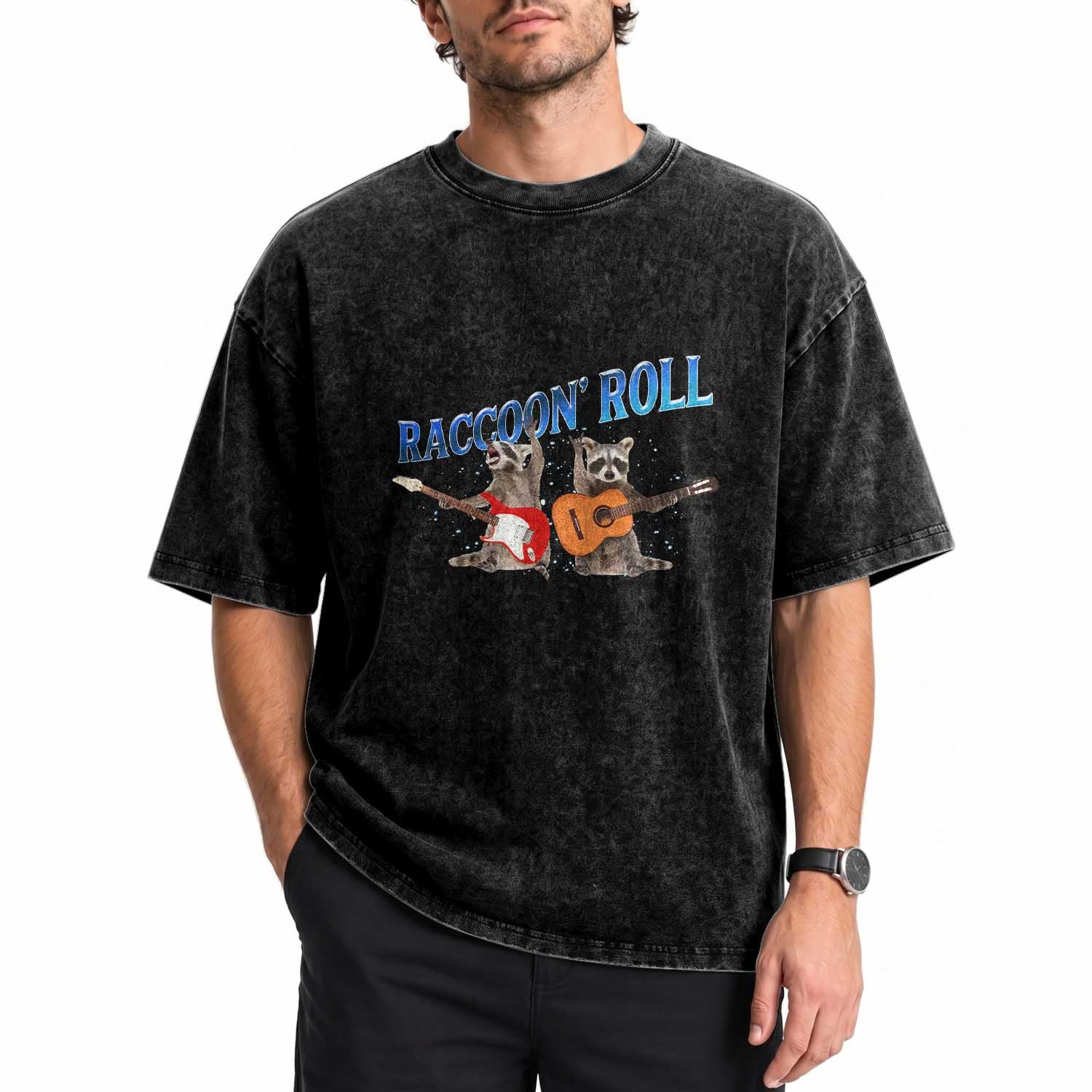 Raccoon Rock And Roll Washed Cotton T-Shirt Funny Rock Band Playing Guitar Electric Music Lover