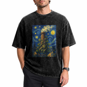 Starry Night Hops Brewery Washed Cotton T-Shirt Vintage Hops Beer Lover Painterly