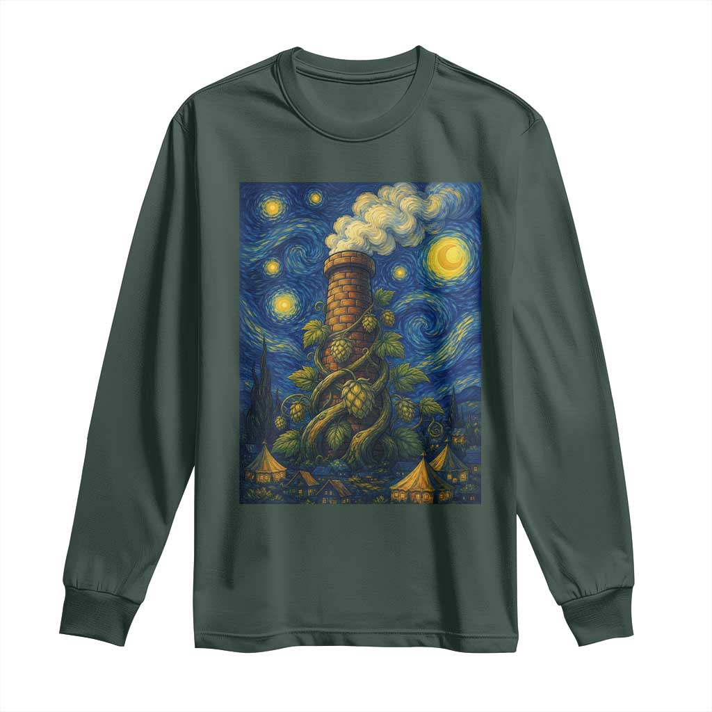Starry Night Hops Brewery Long Sleeve Shirt Vintage Hops Beer Lover Painterly TS12 Dark Forest Green Print Your Wear