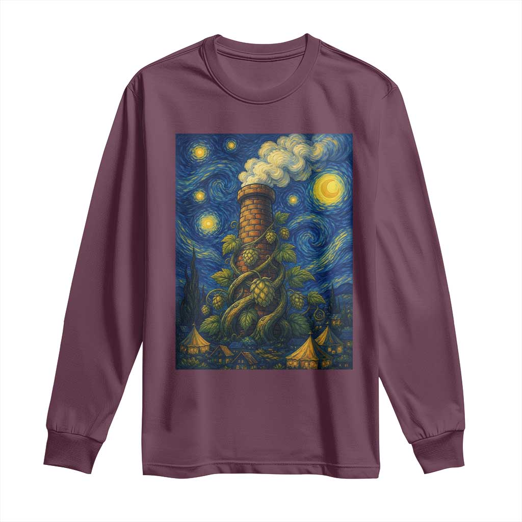 Starry Night Hops Brewery Long Sleeve Shirt Vintage Hops Beer Lover Painterly TS12 Maroon Print Your Wear