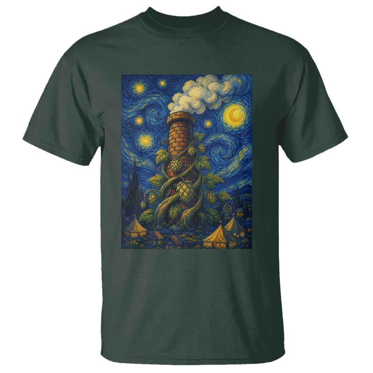 Starry Night Hops Brewery T Shirt Vintage Hops Beer Lover Painterly TS12 Dark Forest Green Print Your Wear