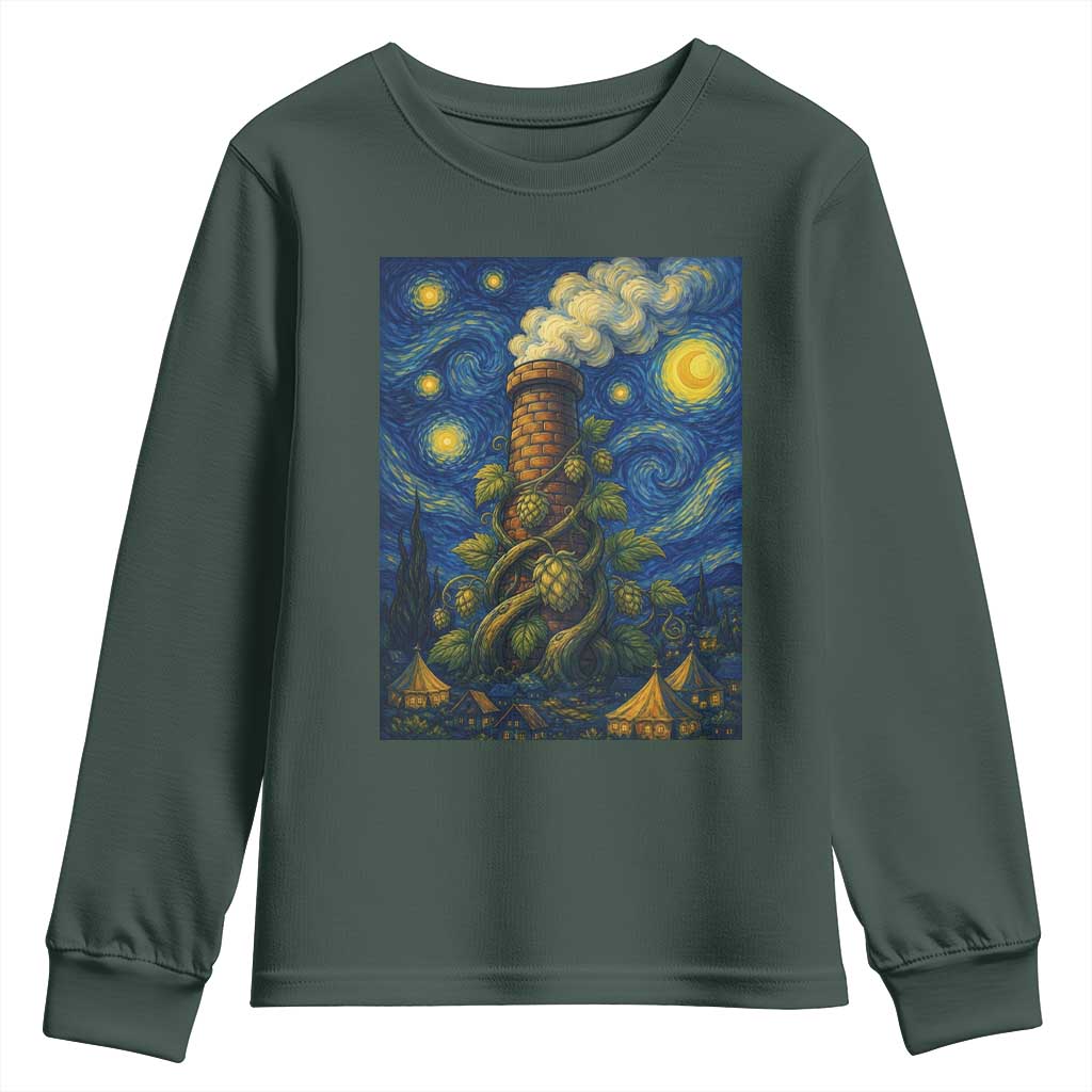 Starry Night Hops Brewery Youth Sweatshirt Vintage Hops Beer Lover Painterly TS12 Dark Forest Green Print Your Wear