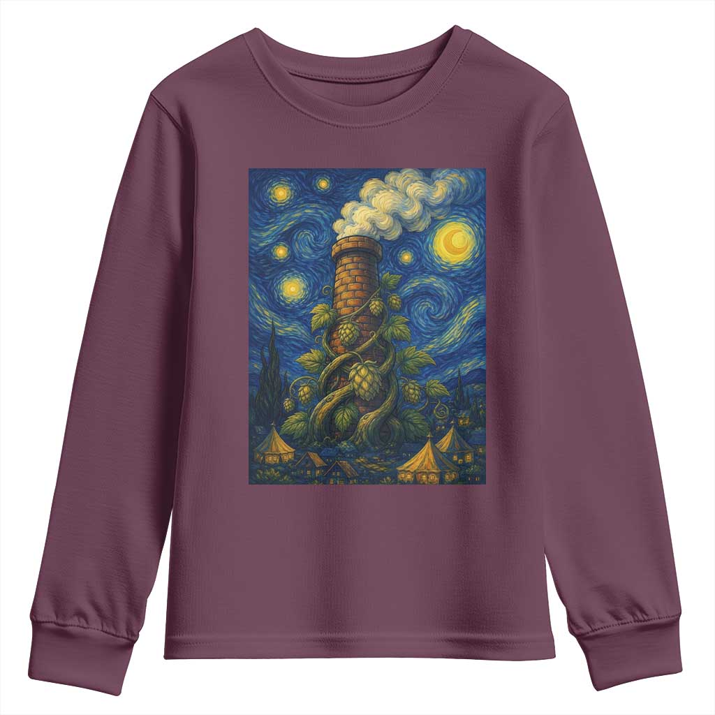 Starry Night Hops Brewery Youth Sweatshirt Vintage Hops Beer Lover Painterly TS12 Maroon Print Your Wear