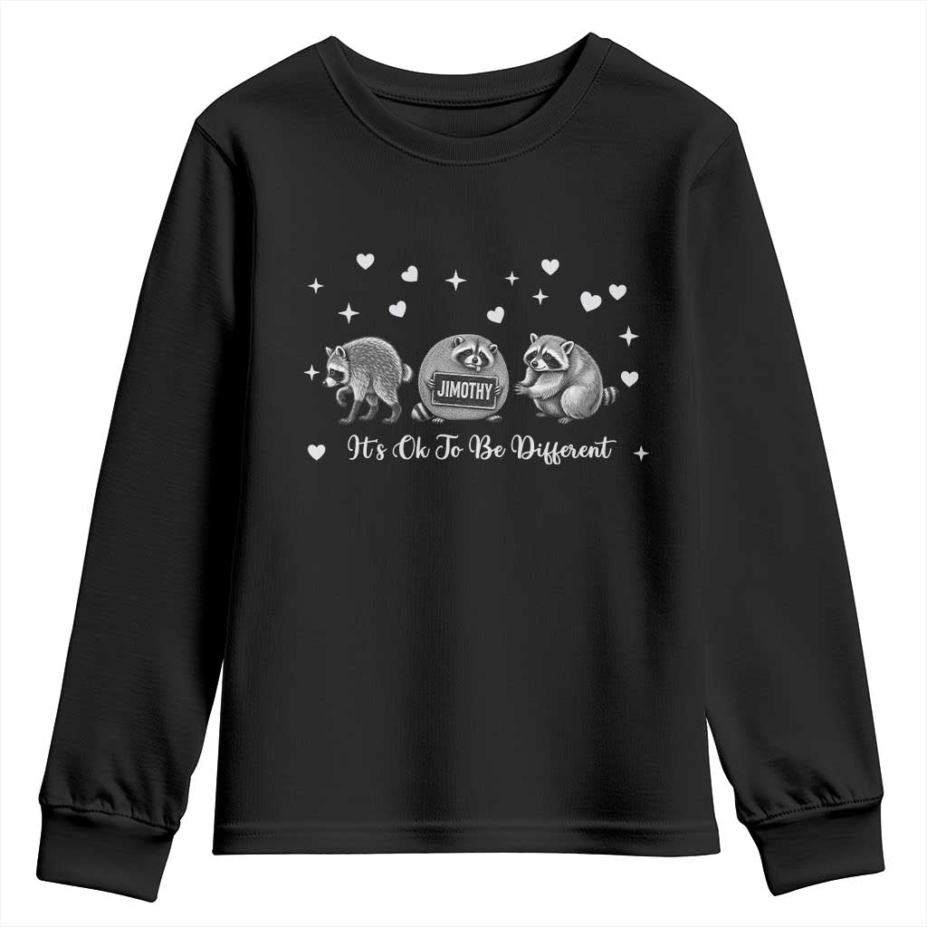 Its Ok To Be Different Jimothy Raccoon Youth Sweatshirt Cute Trash Panda Viral Animal Lover Gift TS12 Black Print Your Wear
