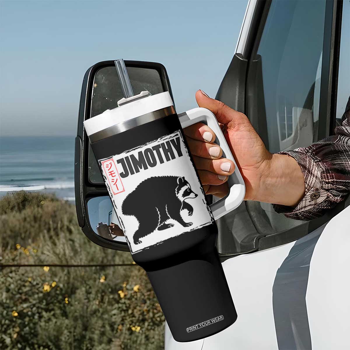 Jimothy The Raccoon Tumbler With Handle Japanese Style Trash Panda Graphic TS12 Print Your Wear