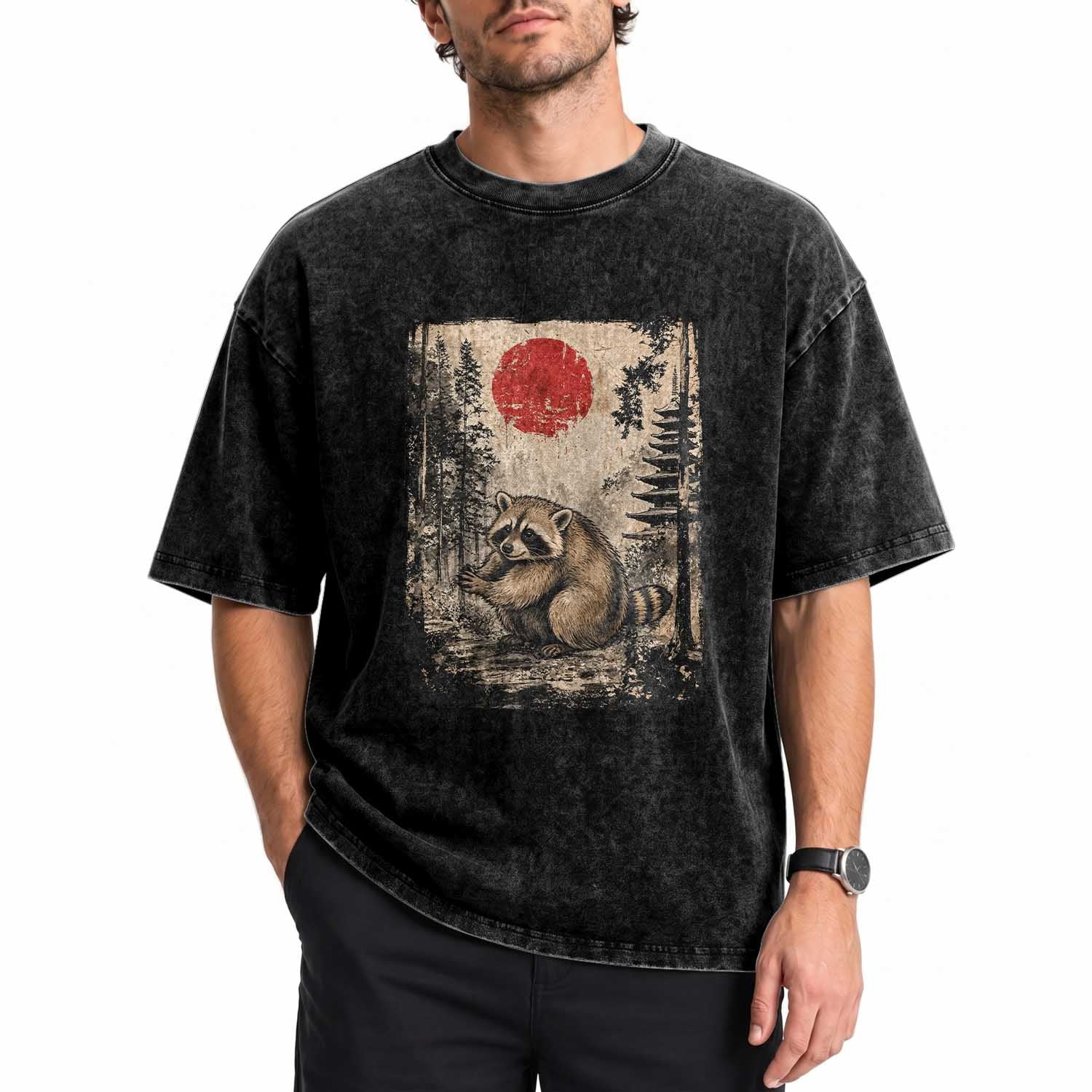 Vintage Japanese Ukiyoe Raccoon Washed Cotton T-Shirt Seattle Short Spine Trash Panda