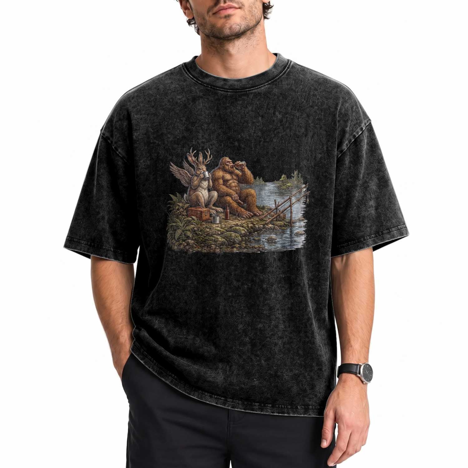 Funny Wolpertinger Bigfoot Fishing Washed Cotton T-Shirt Beer Drinking Cryptid Fisherman Gift