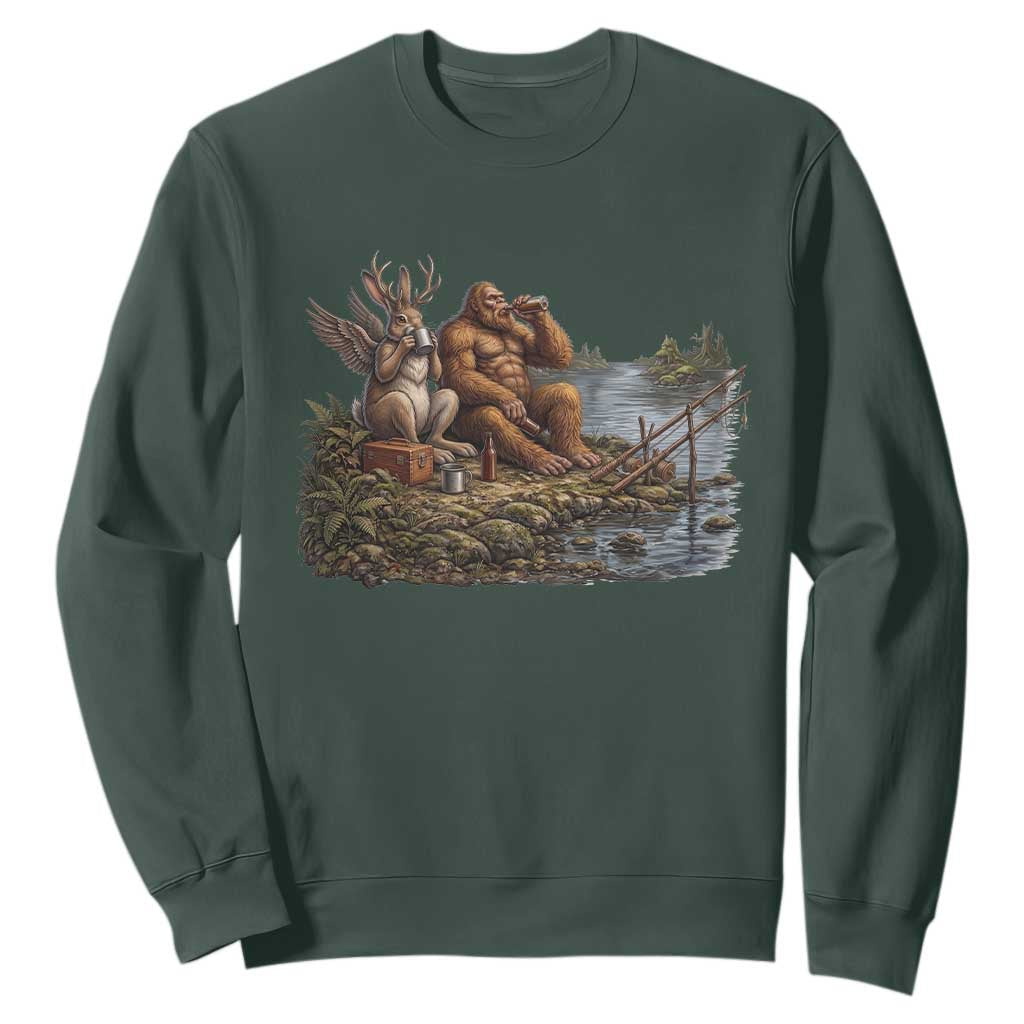 Funny Wolpertinger Bigfoot Fishing Sweatshirt Beer Drinking Cryptid Fisherman Gift TS12 Dark Forest Green Print Your Wear