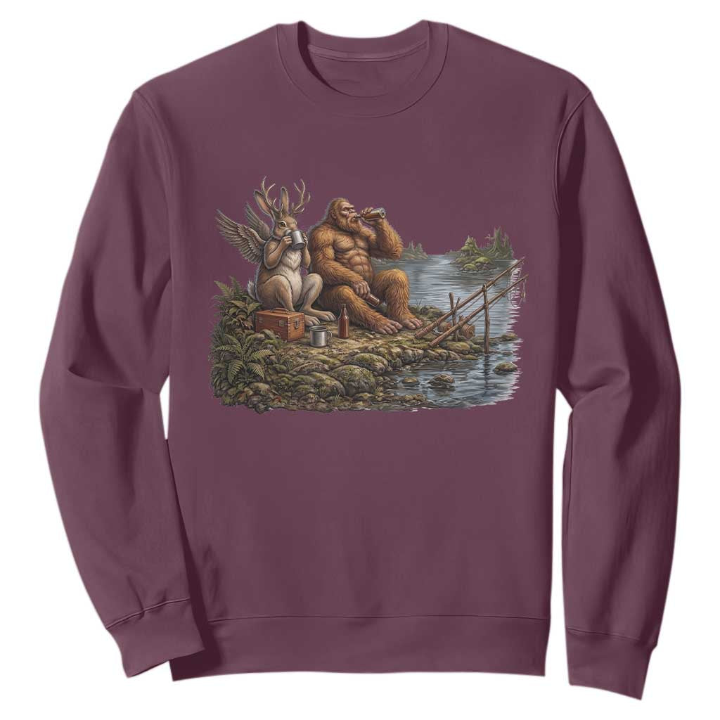 Funny Wolpertinger Bigfoot Fishing Sweatshirt Beer Drinking Cryptid Fisherman Gift TS12 Maroon Print Your Wear