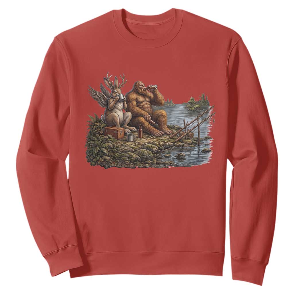 Funny Wolpertinger Bigfoot Fishing Sweatshirt Beer Drinking Cryptid Fisherman Gift TS12 Red Print Your Wear