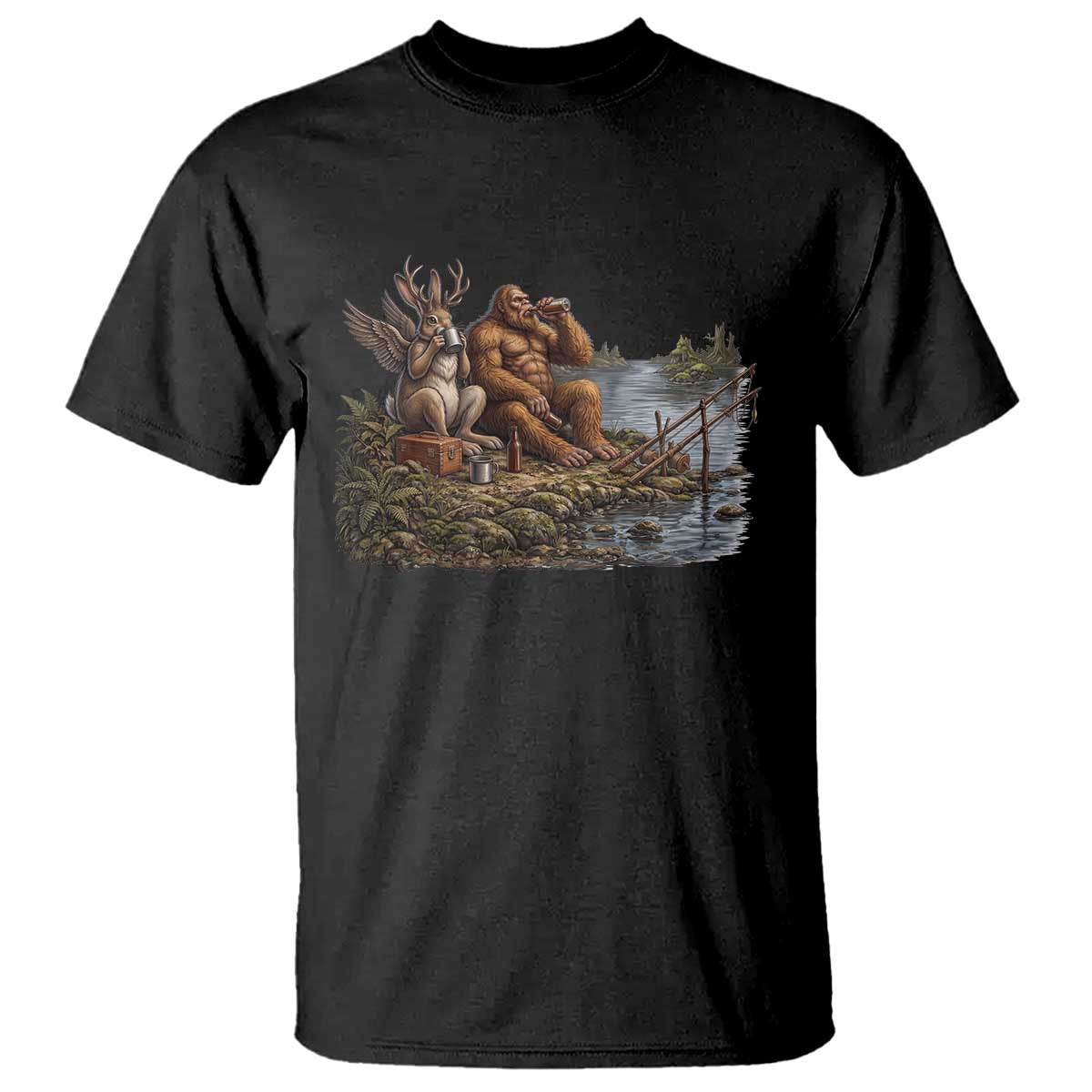 Funny Wolpertinger Bigfoot Fishing T Shirt Beer Drinking Cryptid Fisherman Gift TS12 Black Print Your Wear