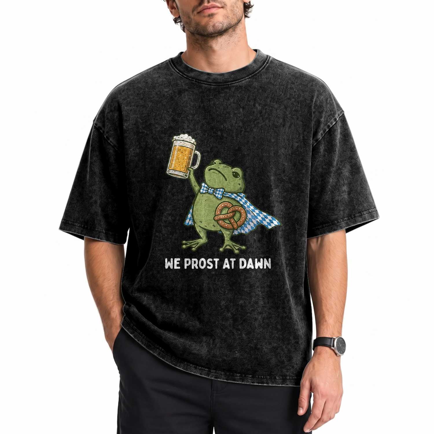 Funny Frog Oktoberfest Bavarian Beer Lover Washed Cotton T-Shirt We Prost At Dawn