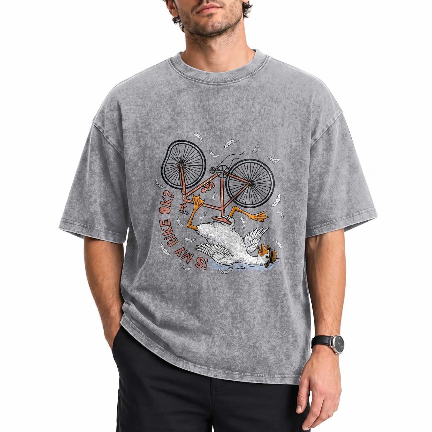 Funny Bike Crash Cycling Goose Lover Washed Cotton T-Shirt Is My Bike OK