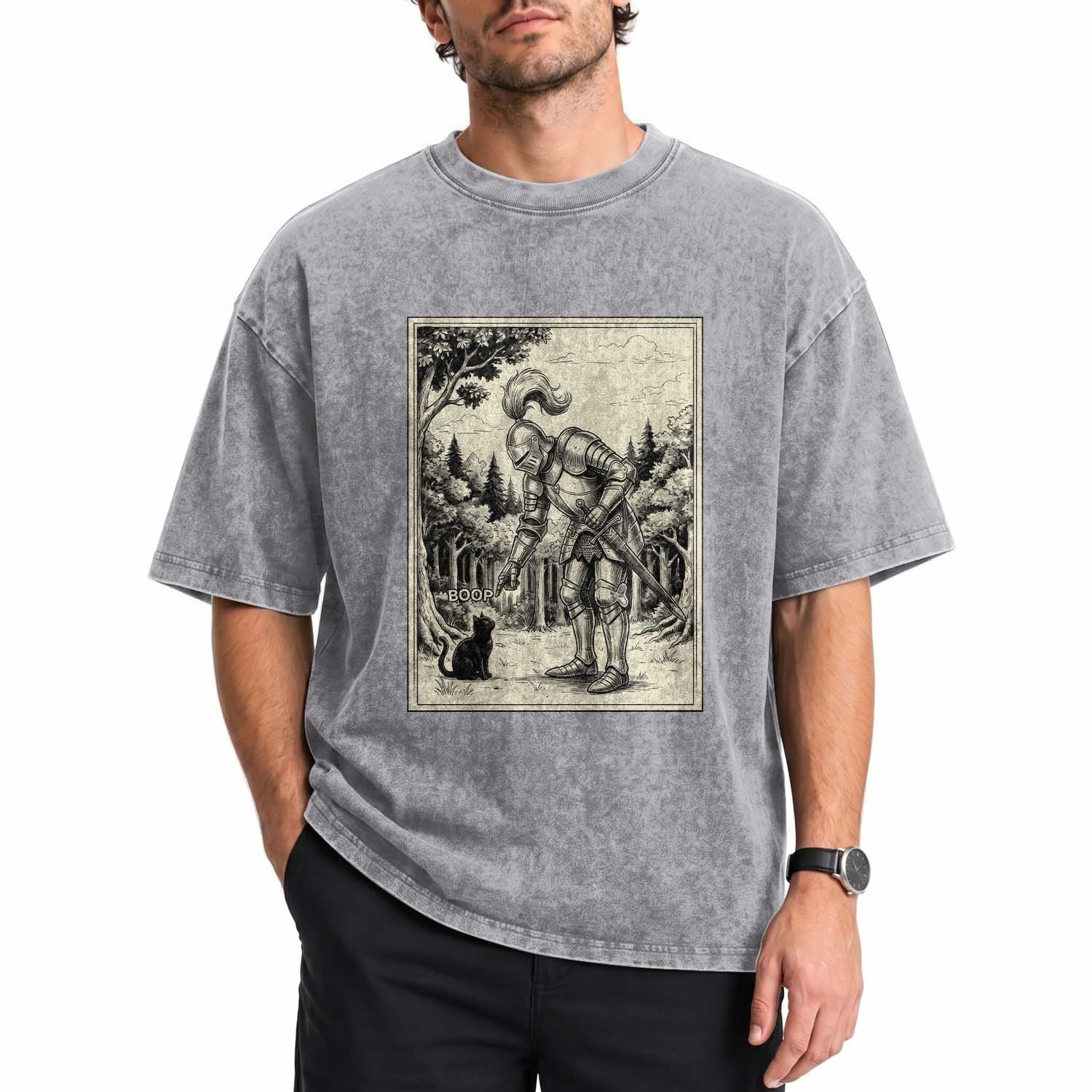 Funny Medieval Knight Boop Black Cat Washed Cotton T-Shirt Renaissance Fantasy Cat Lover