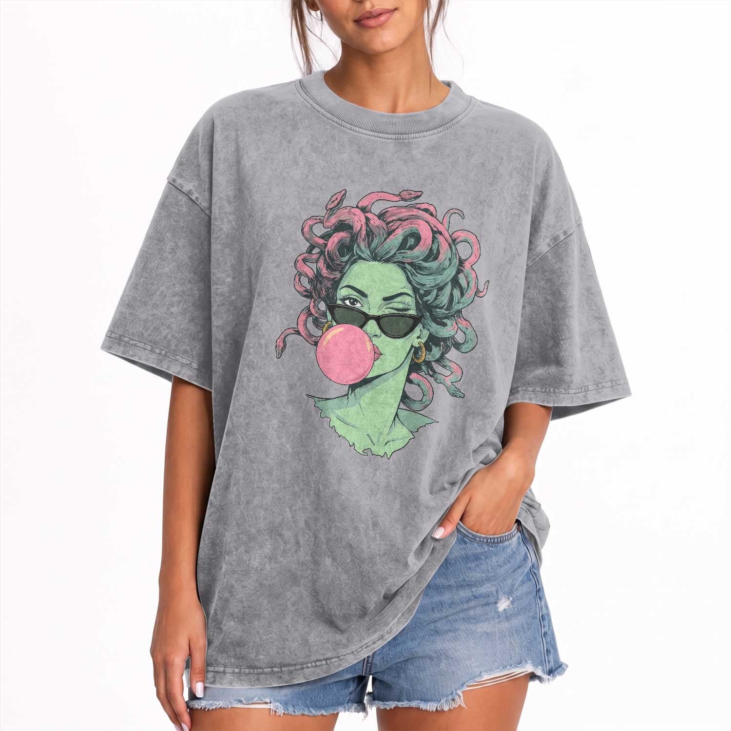 Winking Medusa In Sunglasses Blowing Bubble Gum Washed Cotton T-Shirt Funny Greek Mythology Pop Art