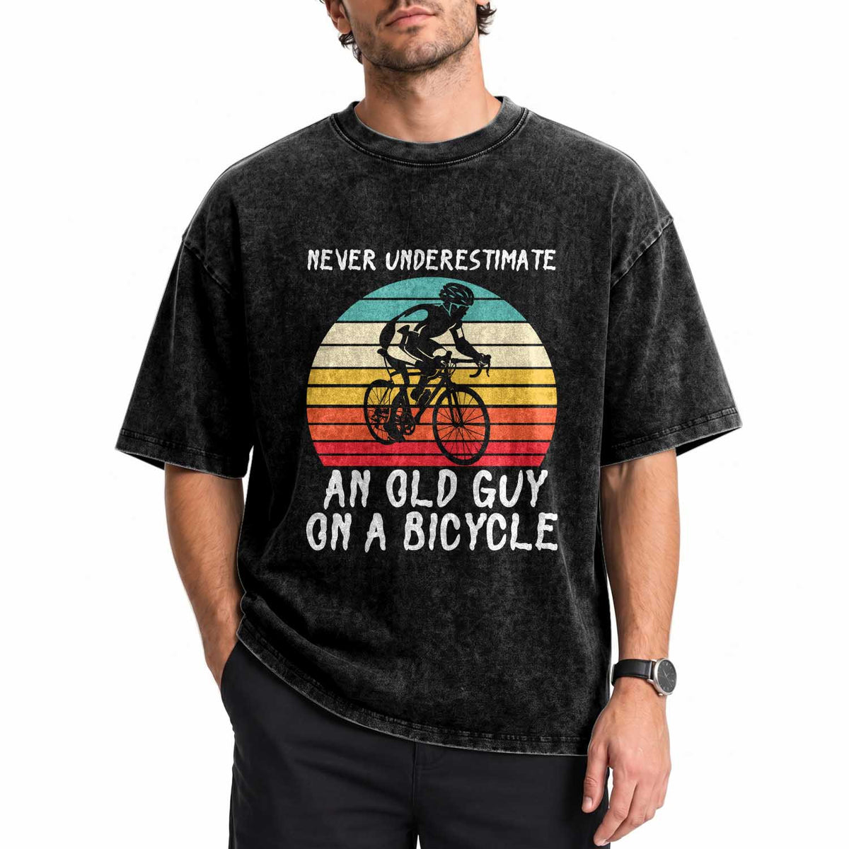Never Underestimate An Old Guy On A Bicycle Washed Cotton T-Shirt Cycling Lover Gift