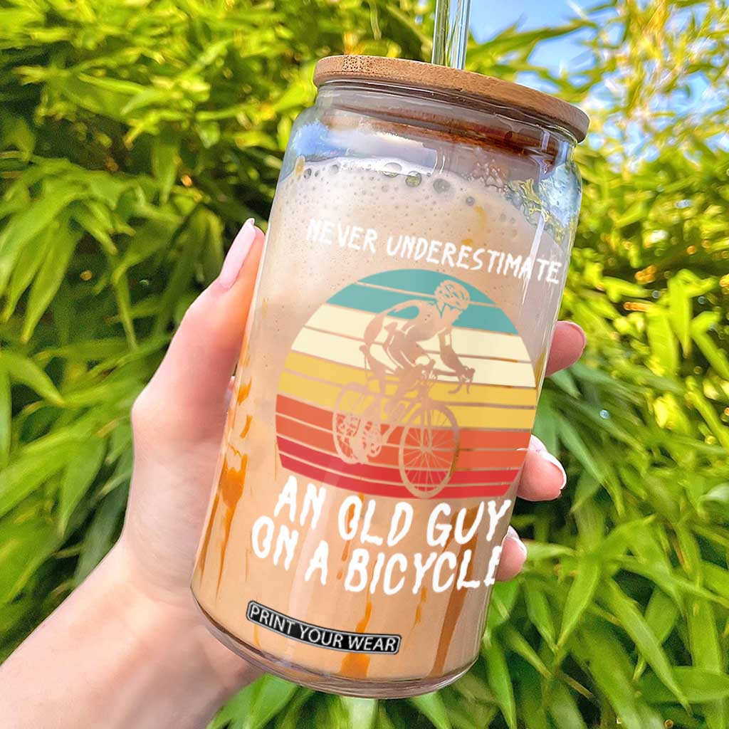 Never Underestimate An Old Guy On A Bicycle Glass Can Cycling Lover Gift TS12 Black Print Your Wear