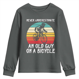 Never Underestimate An Old Guy On A Bicycle Youth Sweatshirt Cycling Lover Gift TS12 Dark Heather Print Your Wear