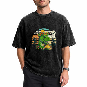 Funny Tacos Dinosaur Washed Cotton T-Shirt Mexican Food Lover Gift