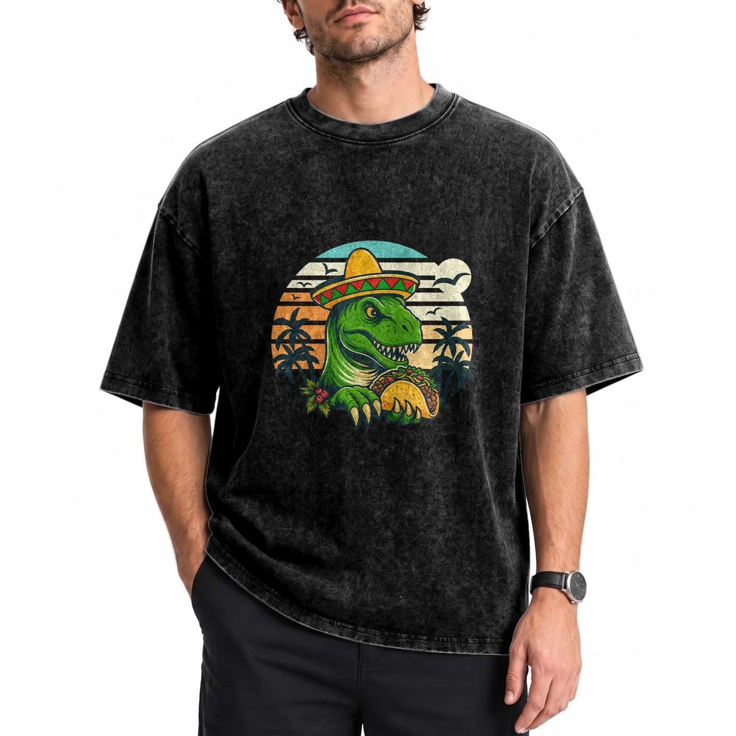 Funny Tacos Dinosaur Washed Cotton T-Shirt Mexican Food Lover Gift