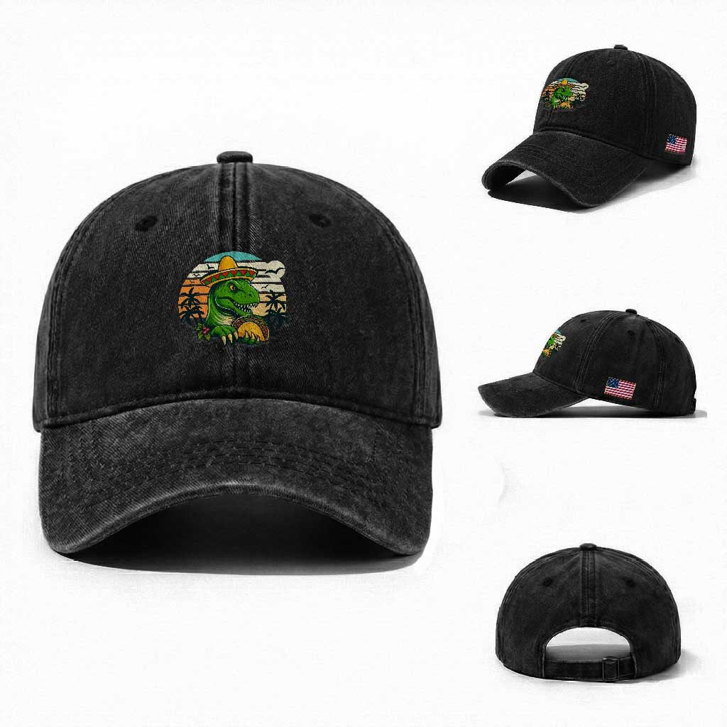 Funny Tacos Dinosaur Washed Cotton Baseball Cap Mexican Food Lover Gift TS12 Washed Cap Universal Fit Black Print Your Wear