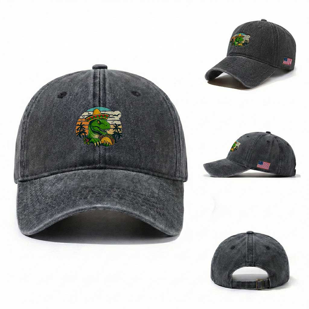Funny Tacos Dinosaur Washed Cotton Baseball Cap Mexican Food Lover Gift TS12 Washed Cap Universal Fit Dark Gray Print Your Wear