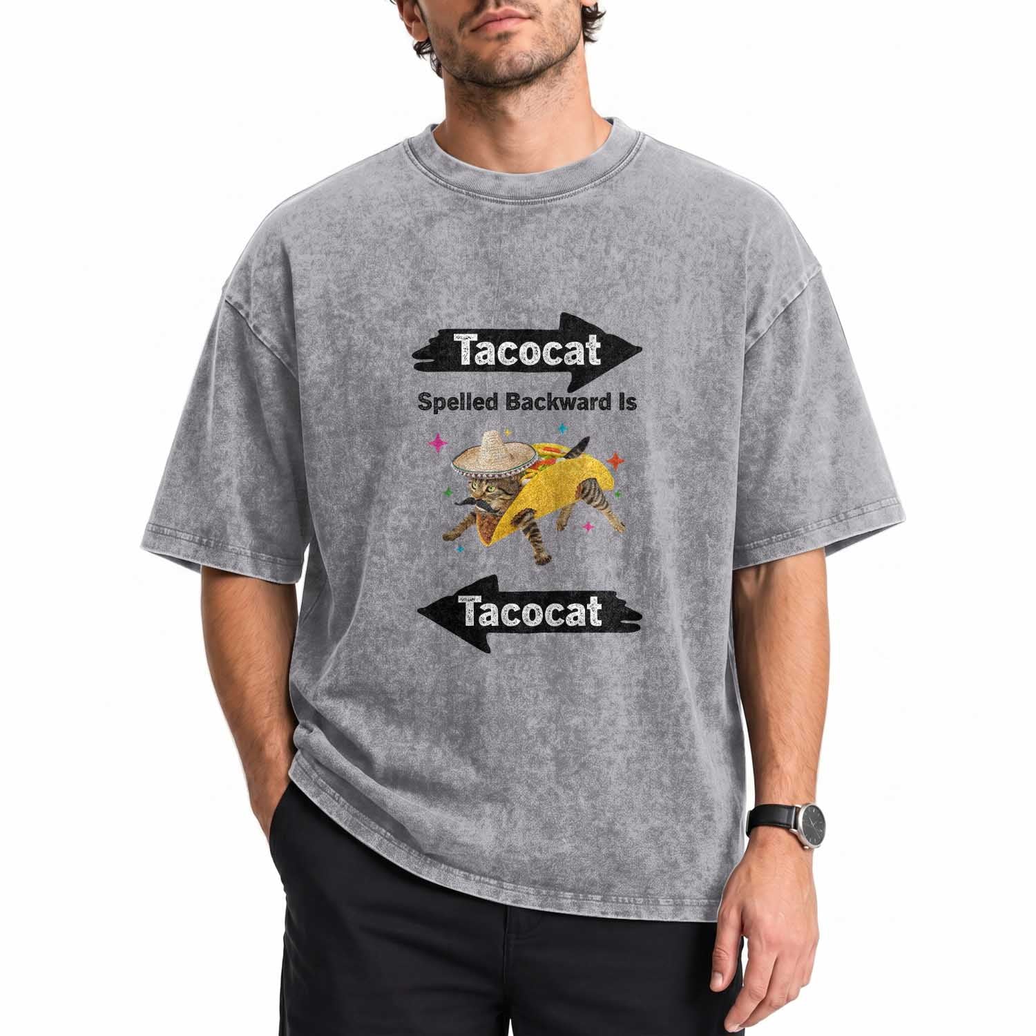 Funny Tacocat Spelled Backward Is Tacocat Washed Cotton T-Shirt Mexican Food Lover Gift