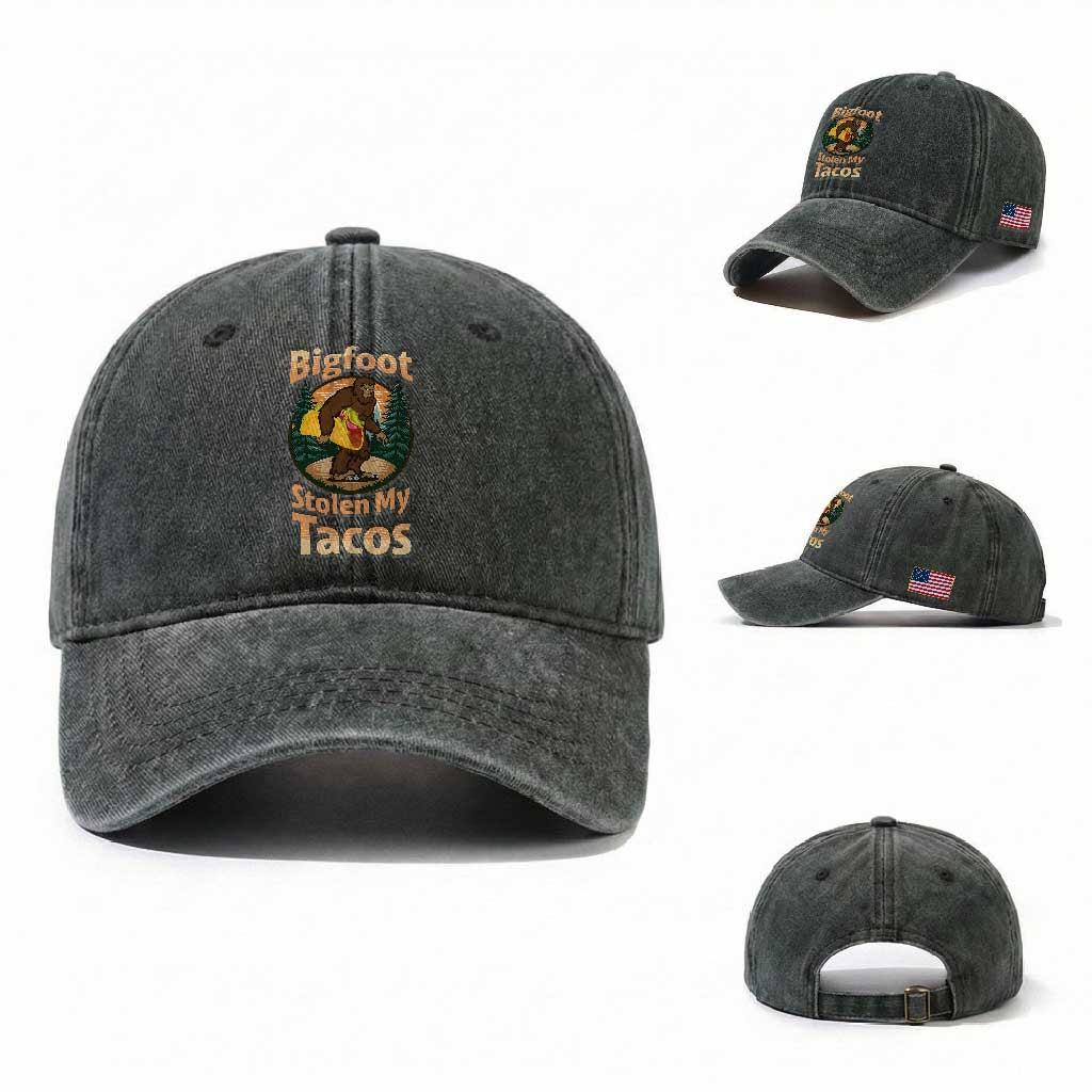 Funny Bigfoot Stole My Tacos Washed Cotton Baseball Cap Sasquatch Taco Lover TS12 Washed Cap Universal Fit Dark Green Print Your Wear