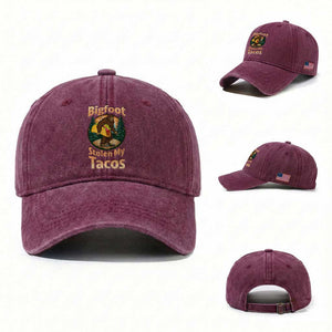 Funny Bigfoot Stole My Tacos Washed Cotton Baseball Cap Sasquatch Taco Lover TS12 Washed Cap Universal Fit Burgundy Print Your Wear