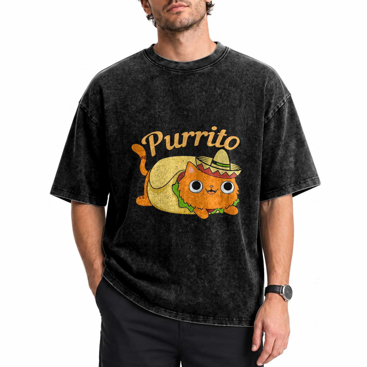 Funny Burrito Lover Gift Washed Cotton T-Shirt Purrito Cat