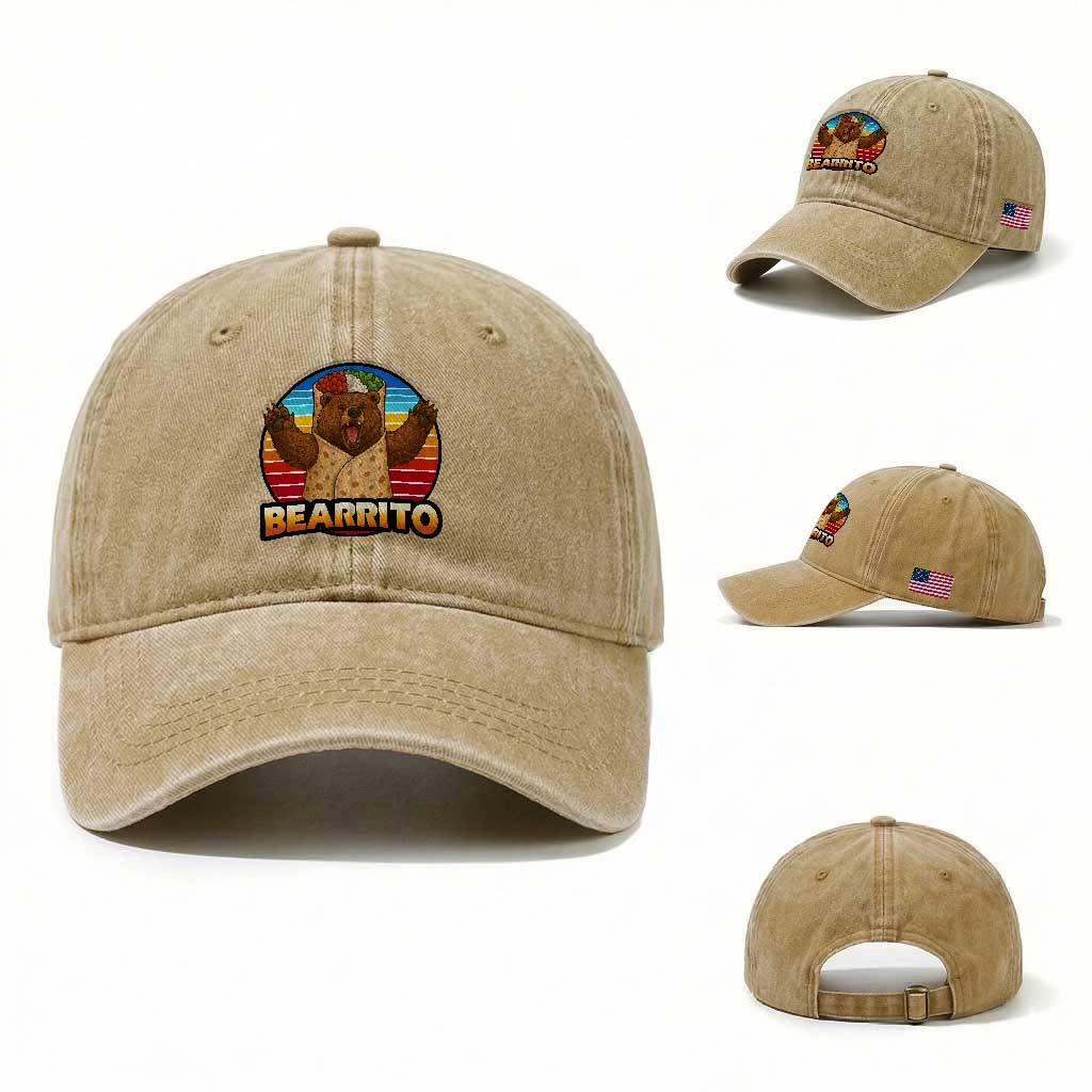 Burrito Lover Gift Washed Cotton Baseball Cap Funny Bearrito TS12 Washed Cap Universal Fit Khaki Print Your Wear