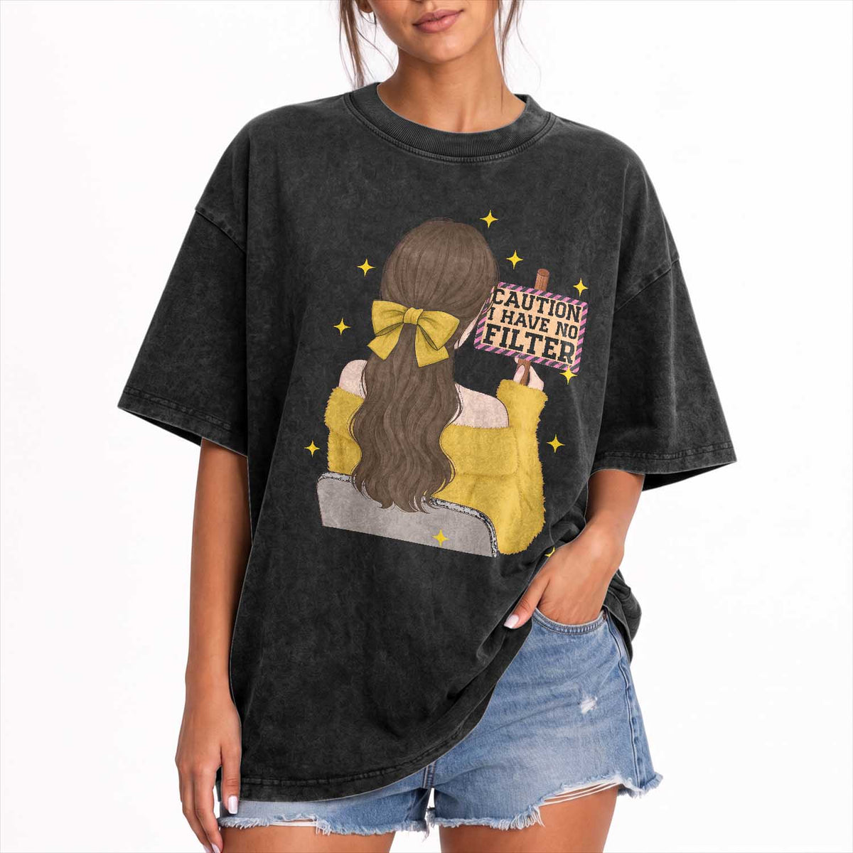 Caution I Have No Filter Washed Cotton T-Shirt Funny Sarcasm Gift