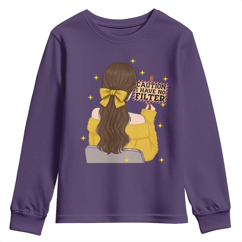 Caution I Have No Filter Youth Sweatshirt Funny Sarcasm Gift TS12 Purple Print Your Wear
