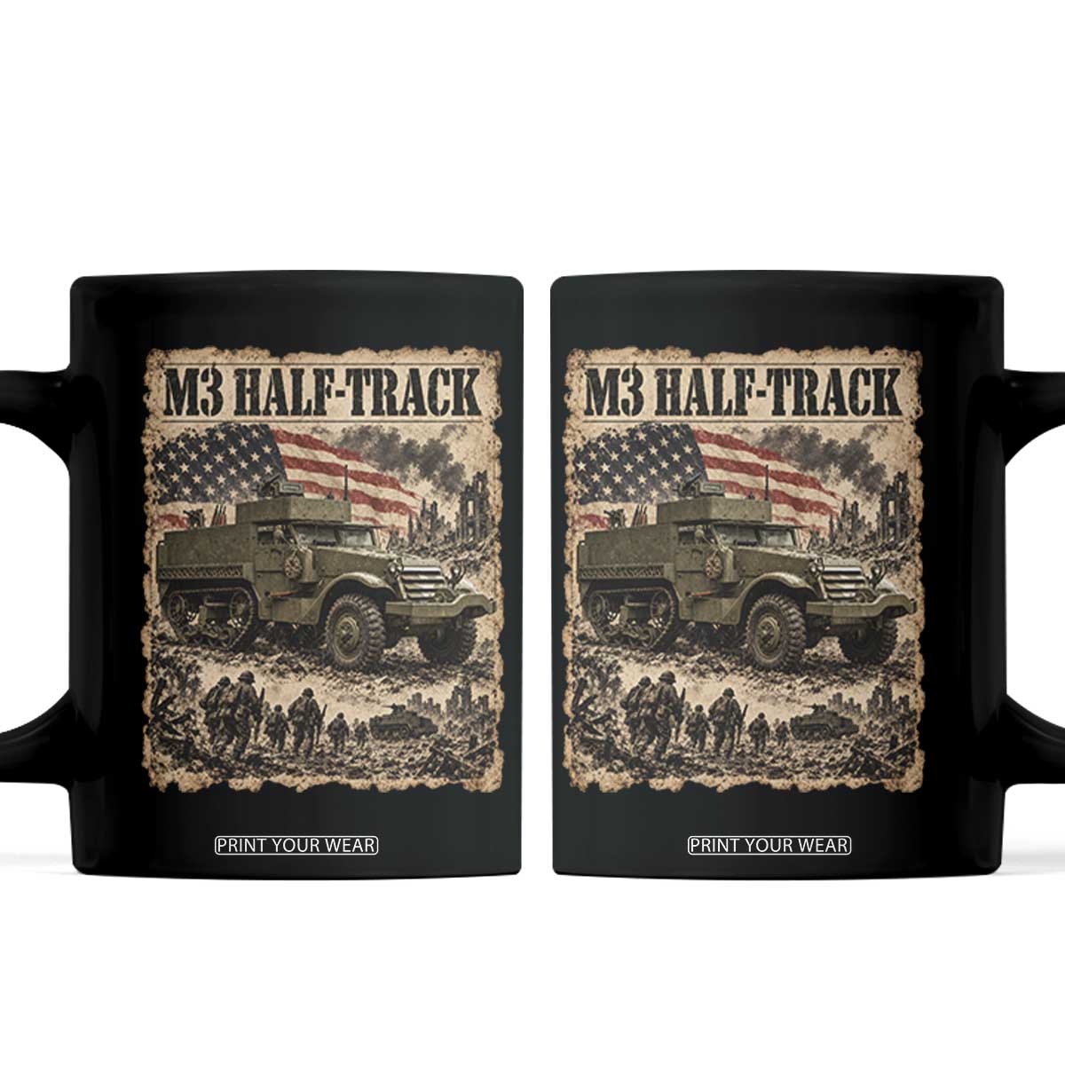 M3 Half Track WWII Armored Vehicle Coffee Mug American Flag Vintage Newspaper Military Style